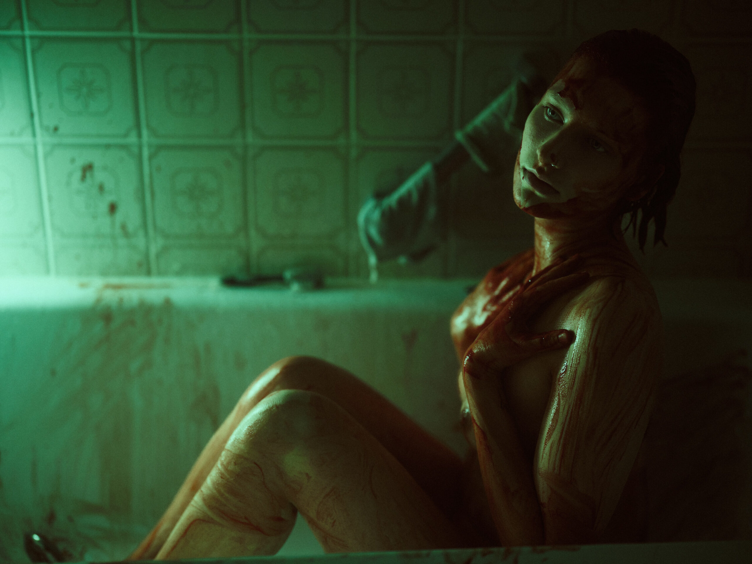 Girl in green light sitting in bath tub. Naked drained in blood. Dark art by Dennis Gelner