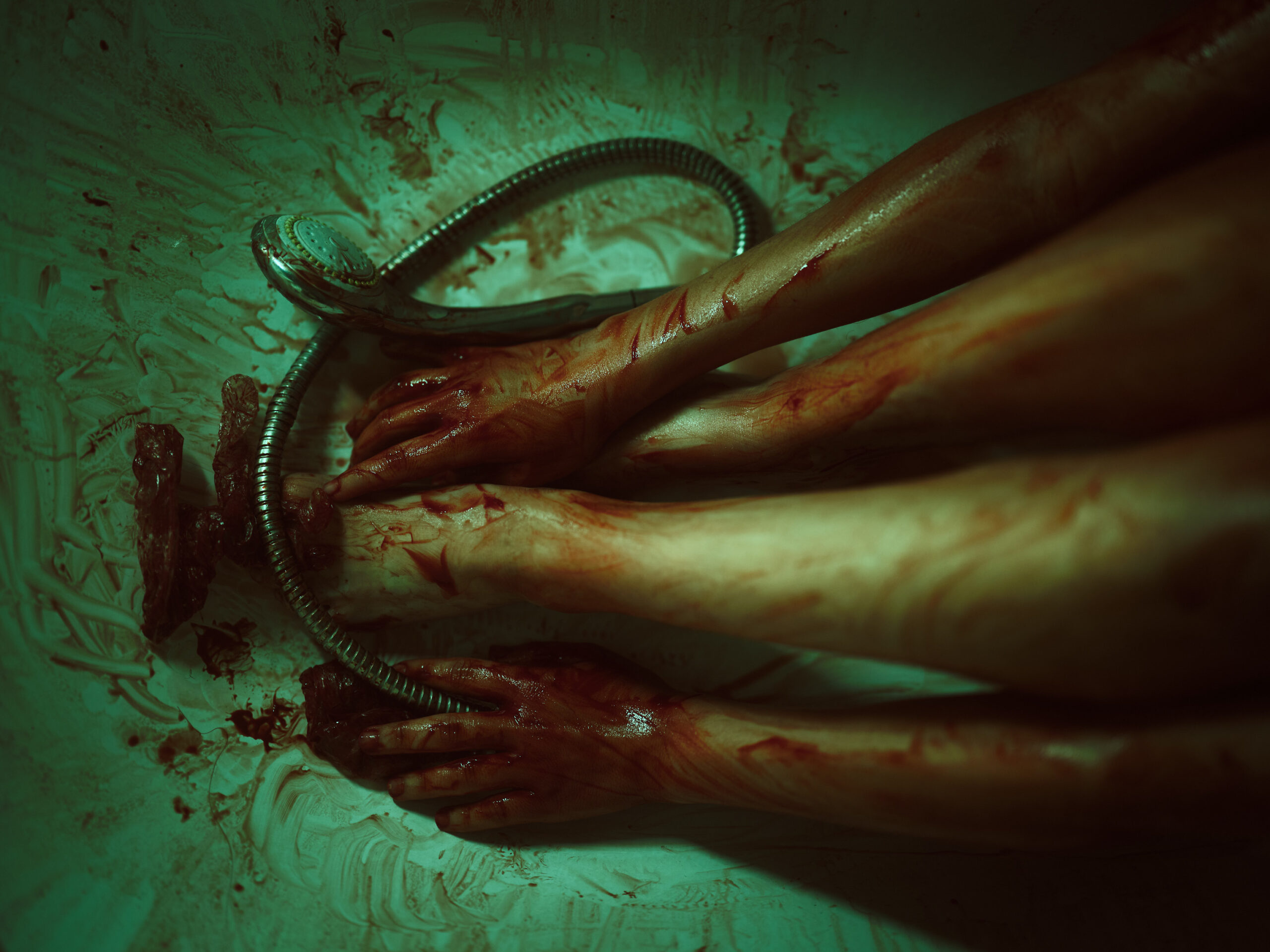 Feet of a girl, sitting in bath tub. Naked drained in blood. Dark art by Dennis Gelner